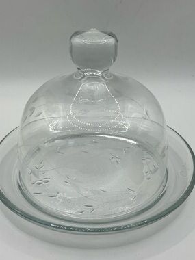 Clear Glass Cloche with Etched Floral Design. Butter dish, candles, decorative